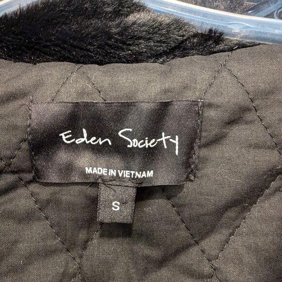 New Eden Society Womens Black sherpa Jacket Coat snap button Pockets Hooded sz S - Picture 6 of 12